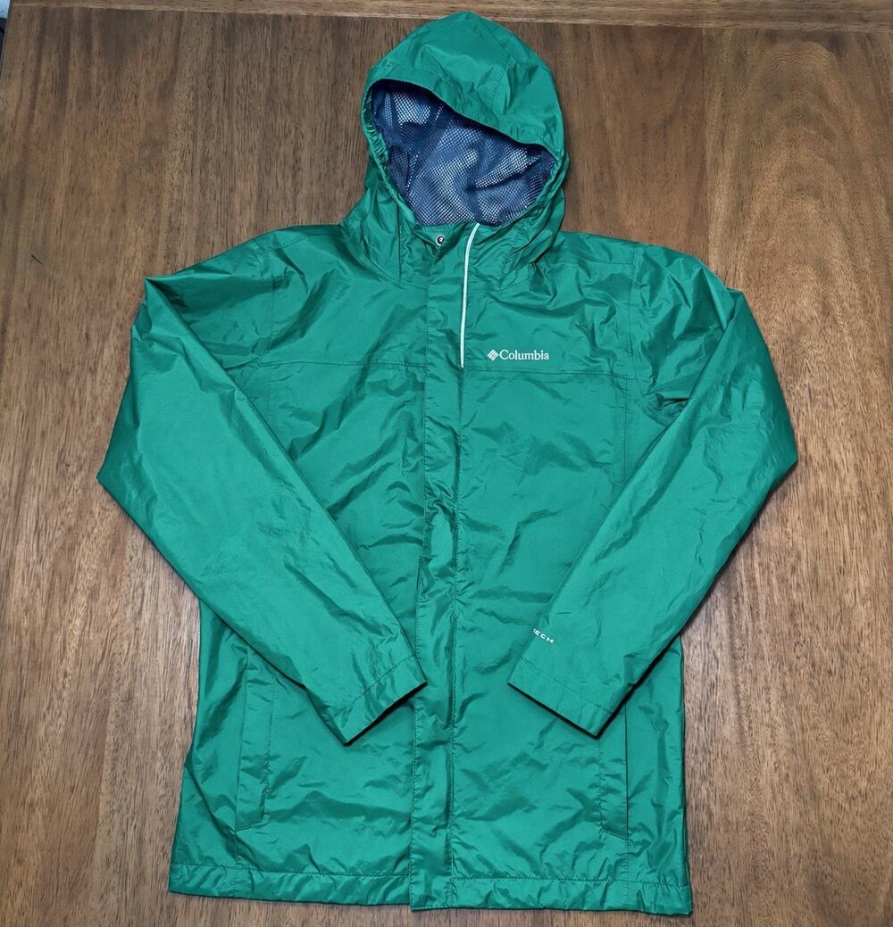 Columbia Boys L 14/16 Watertight Rain Jacket Green Omni-Tech Waterproof Hooded